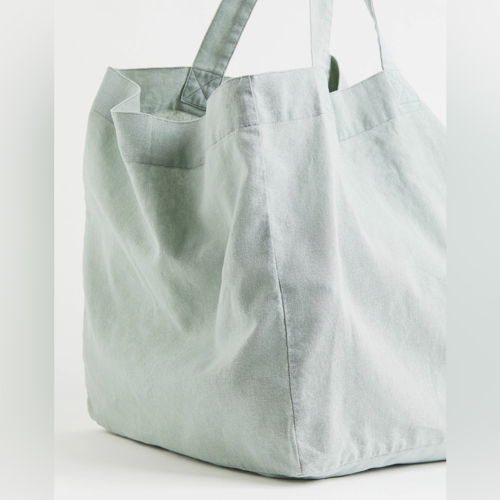 NEW! H&M HOME XL LINEN TOTE BAG Oversized Sage Green NWT - Picture 2 of 14